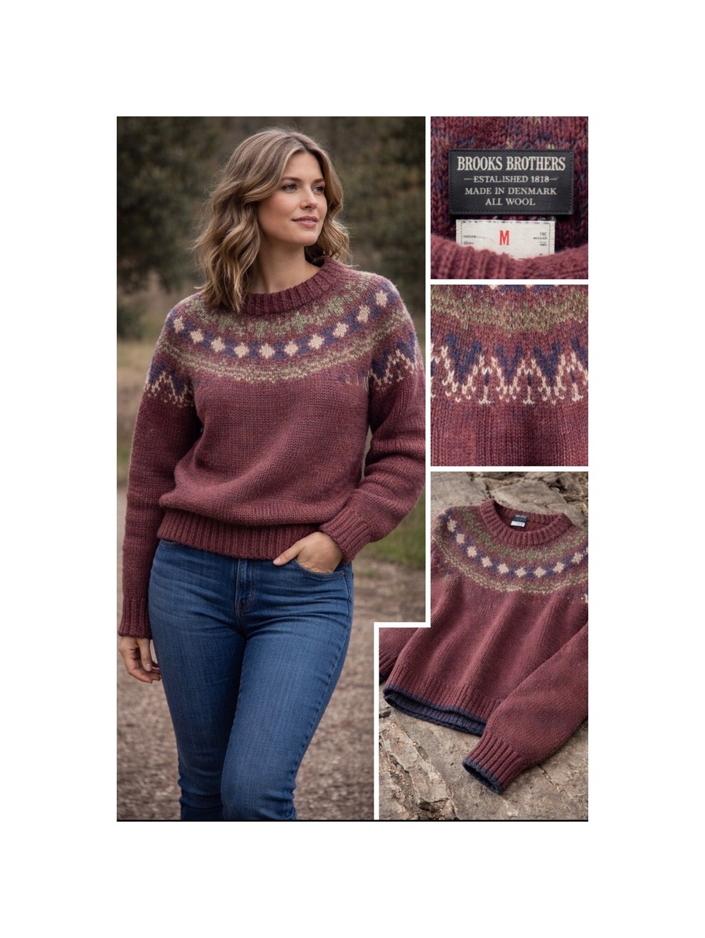 Brooks Brothers Vintage Fair Isle Wool Sweater Men Women M Burgundy Denmark